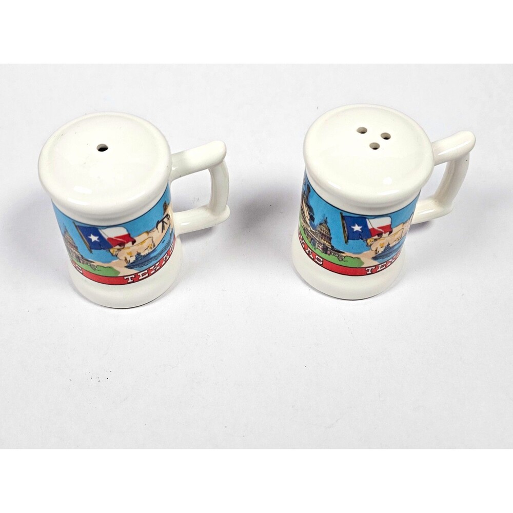 Texas Salt Pepper Shakers Ceramic Souvenir Set of 2 White Multicolor w/ Handles